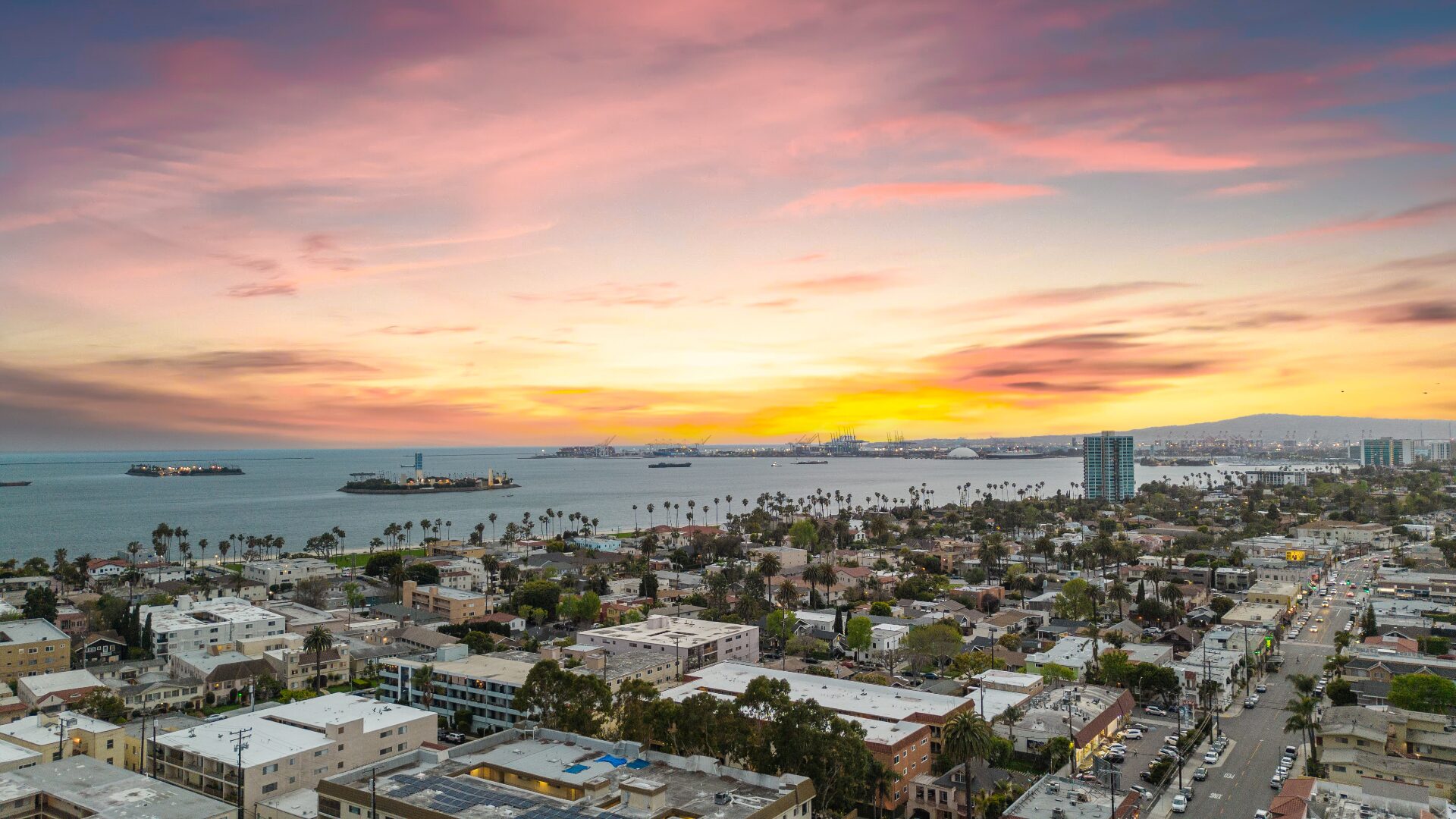 Pastel sunset sky over Long Beach harbor with palm-lined coastline from 226 Grand Ave